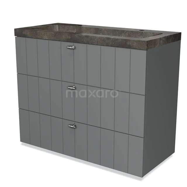 Grey bathroom unit with three drawers, Concrete basin worktop and vertical panel design, ideal for stylish bathroom storage.