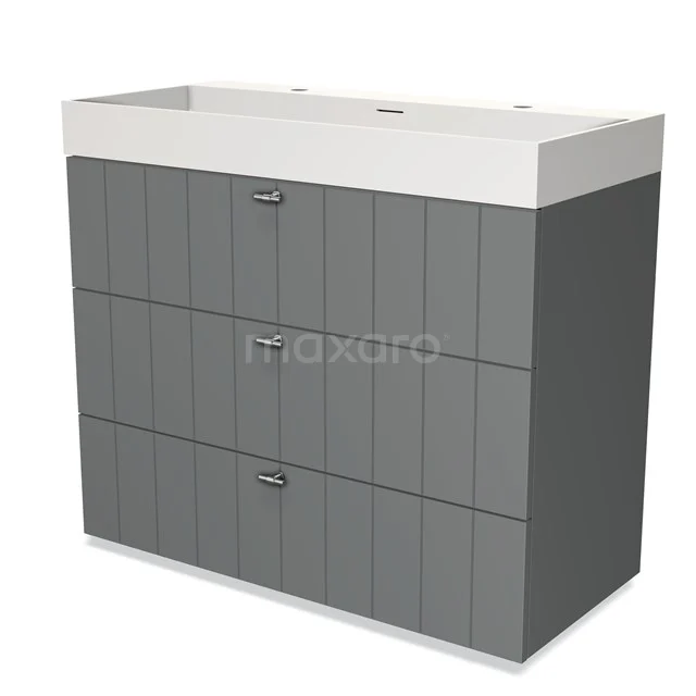 Grey bathroom furniture set with vertical lines, 3 drawers and white basin worktop, ideal for modern bathroom design.