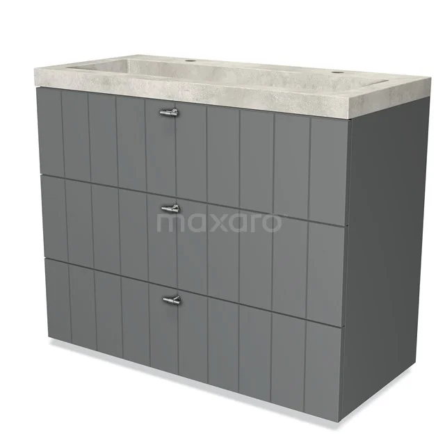 Grey bathroom cabinet with three drawers, modern vertical panels and white marble basin worktop. Perfect for stylish bathrooms.