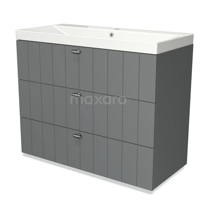 Grijze badkamerkast met drie lades, paneeldesign, wit keramische wastafel, ideaal voor moderne badkameropslag.