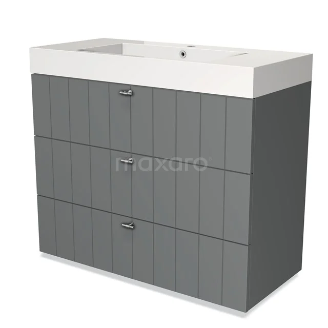 Grey wooden bathroom unit with three drawers and white ceramic basin worktop, stylish and modern design.