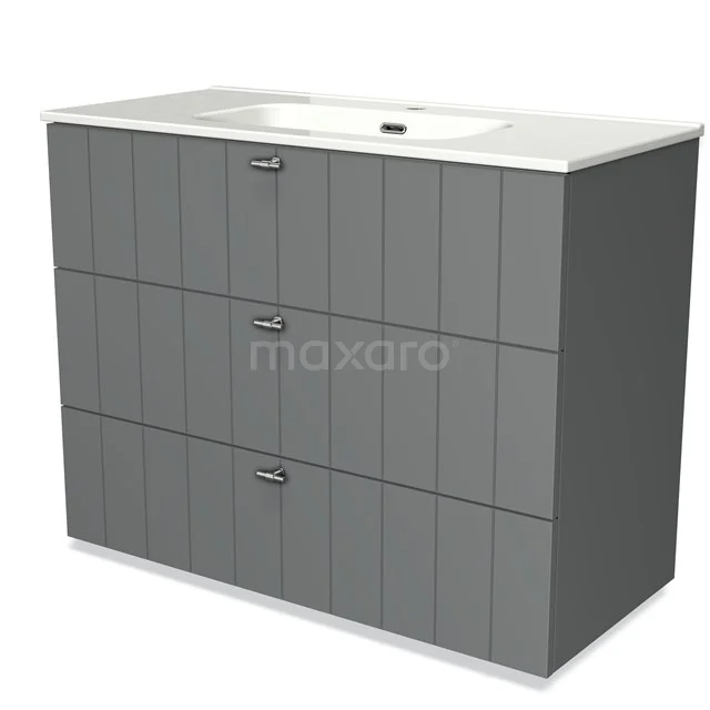 Grey vanity set with sleek panel design, three drawers and a white basin; perfect for a modern bathroom style.