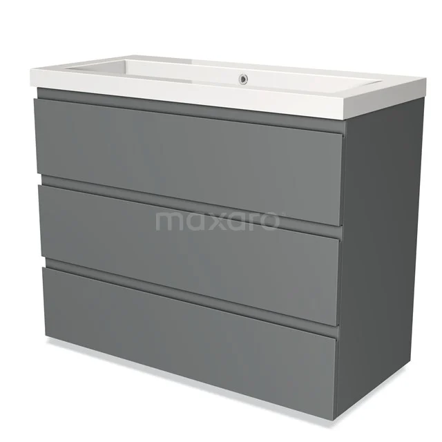 Grijze badkamermeubelset met drie lades, mat afgewerkt, inclusief witte keramische wastafel, modern en strak design.