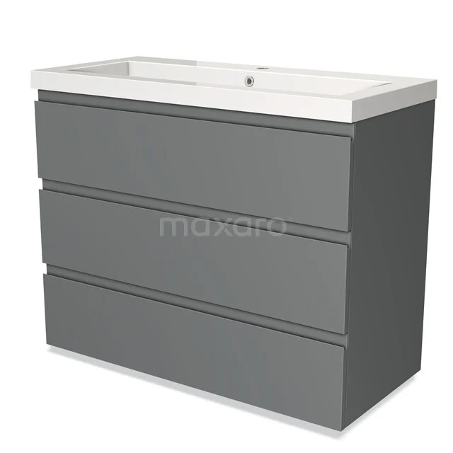 Grijze badkamermeubelset met wastafel, strak design, drie lades, ideaal voor moderne badkamers.