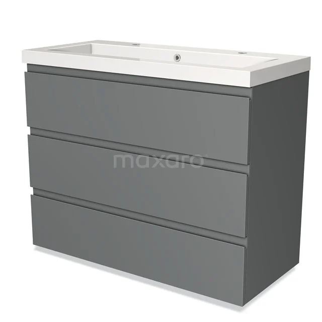 Grijze badmeubelset met strakke lijnen, drie lades en een wit keramische wastafel, ideaal voor een moderne badkamer.