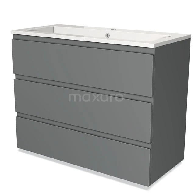 Grijze badkamermeubelset met wastafel, strak design, drie lades en hoogwaardig materiaal voor een moderne uitstraling.