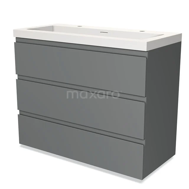 Grijze badkamermeubelkast met drie lades, strakke vormgeving, en witte wastafel; modern en praktisch voor elke badkamerinrichting.