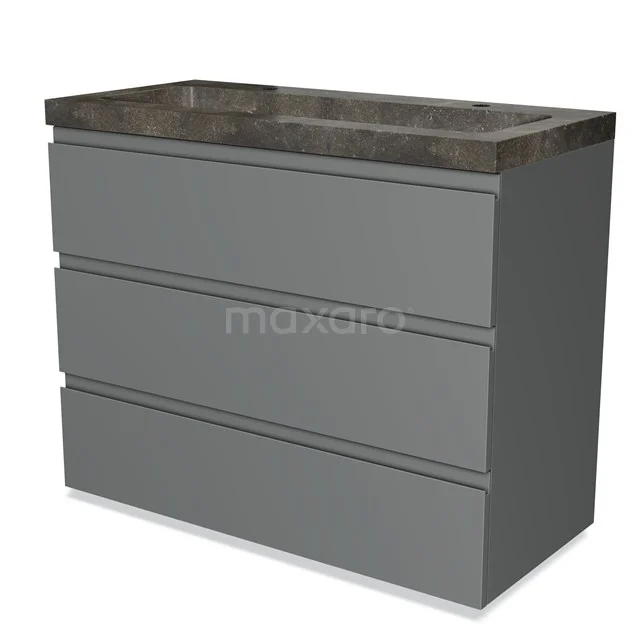 Grey bathroom unit with three drawers and natural stone basin worktop, modern design for stylish bathroom design.