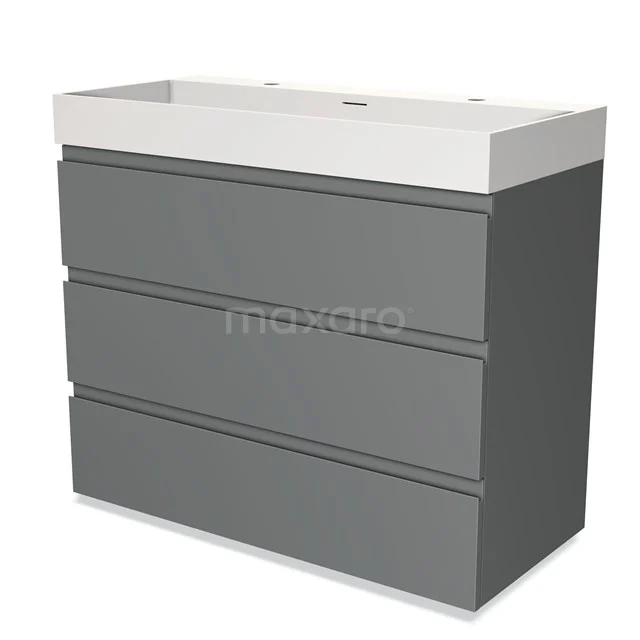 Grijze badkamermeubelset met drie lades en wit keramisch wastafelblad, strak design en moderne uitstraling.