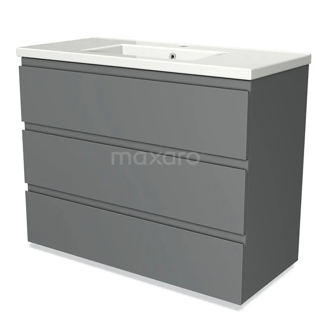 Grey bathroom furniture set with three drawers, modern design, white basin and durable finish for a stylish bathroom.