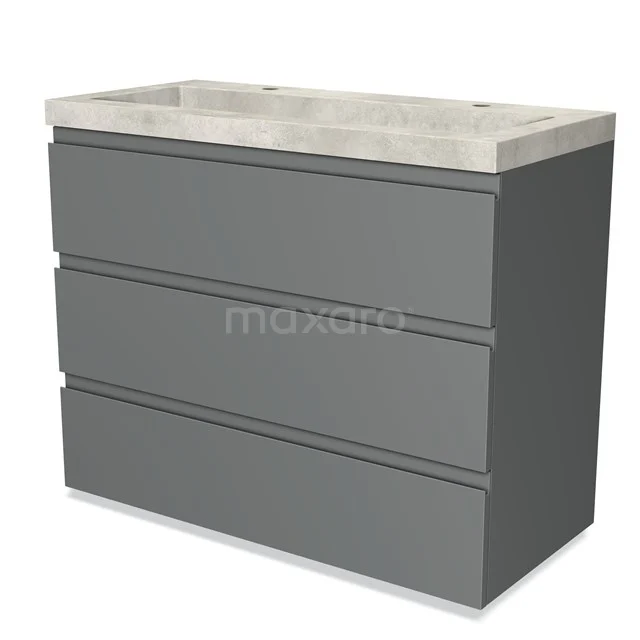 Grijze, moderne badkamermeubelset met betonlook wastafel, strak design en drie ruime lades. Perfect voor stijlvolle badkamers.