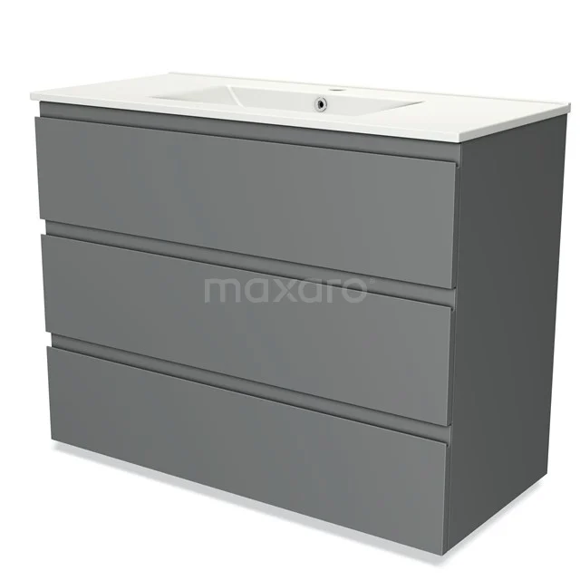 Grijze badkamerkast met witte wastafel, modern design, drie lades, ideaal voor georganiseerde opbergruimte in de badkamer.