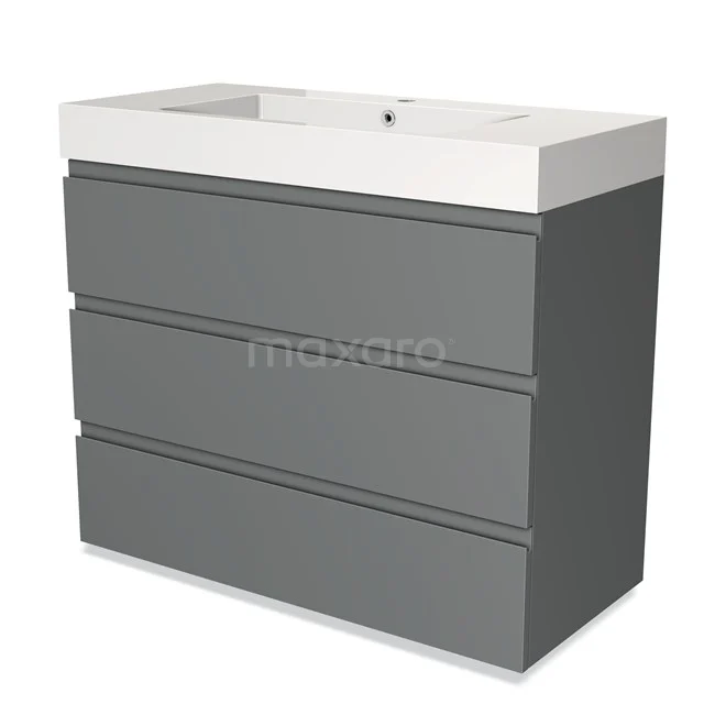 Grijze wastafelmeubel met drie lades, moderne stijl, wit keramische wasbak, ideaal voor een georganiseerde badkamer.