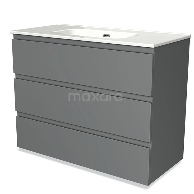 Grijze moderne badkamermeubel met drie lades, witte wastafel en strak design, perfect voor een stijlvolle badkamer inrichting.