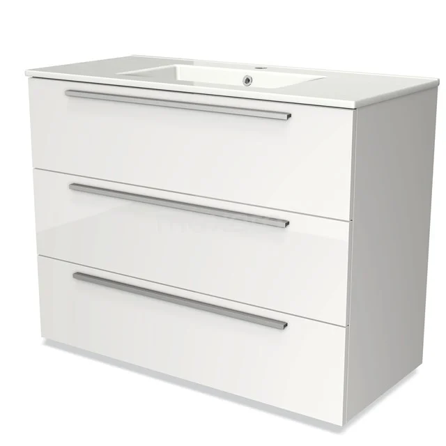 Witte badkamermeubelset met moderne afwerking, 3 lades en geïntegreerde wastafel. Perfect voor een stijlvolle badkamer.