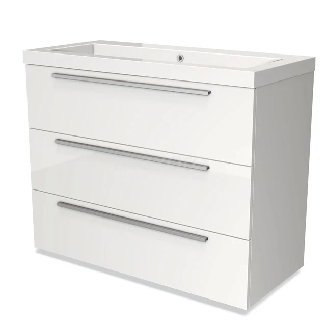 White bathroom unit with 3 drawers and chrome handles, glossy finish, ideal for modern bathroom storage.