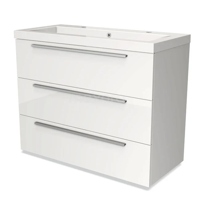 Witte wastafelonderkast met drie lades, strak design, voorzien van chromen grepen, ideaal voor moderne badkamers.