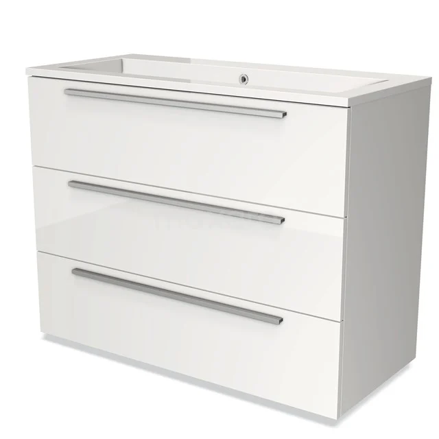 Witte badkamerkast met drie lades, chroomkleurige handgrepen en geïntegreerde wastafel, strak design.