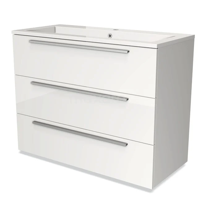 Witte badkamerkast met glanzende afwerking, drie lades en geïntegreerde wastafel; strak en modern design.