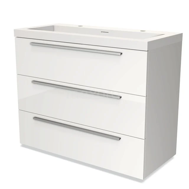 Witte badkamermeubel met drie lades, glanzende afwerking en strakke handgrepen, perfect voor moderne badkameropslag.