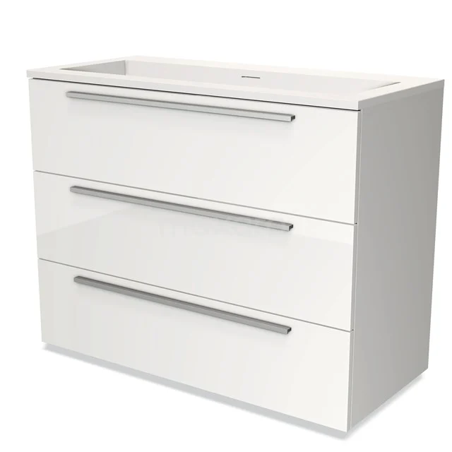 Badmöbel 100cm Modulo Hochglanz Weiß 3 Schubladen Flaches Waschbecken Solid Surface BMW19-00641 Weißes Badezimmermöbel mit drei Schubladen und verchromten Haltegriffen, schlichtes Design. Perfekt für moderne Bäder.