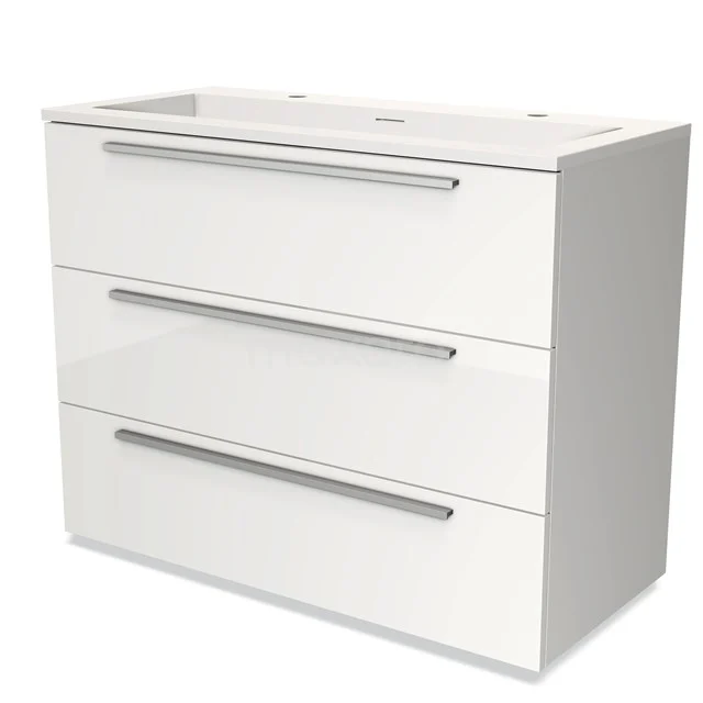 Wit badkamermeubel met drie soft-close lades, hoogglans afwerking en modern design voor optimale opbergruimte in de badkamer.