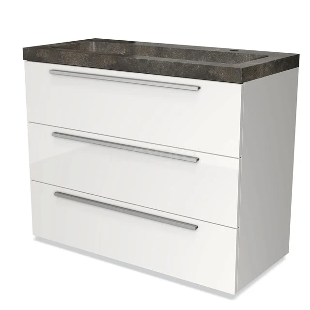 Witte badkamermeubel met drie lades en donkere marmeren wastafel; stijlvol ontwerp voor moderne badkamers.