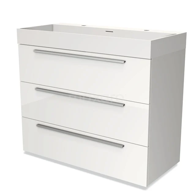 Badmöbel 100cm Modulo Hochglanz Weiß 3 Schubladen Flaches Waschbecken Solid Surface BMW19-00644 Weißes Badezimmermöbel mit drei Schubladen, glänzender Oberfläche und schickem Design, ideal für moderne Bäder mit viel Stauraum.