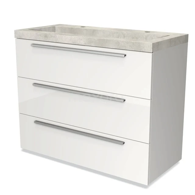 White bathroom cabinet with three drawers, metal handles and top in concrete look; modern and stylish design.