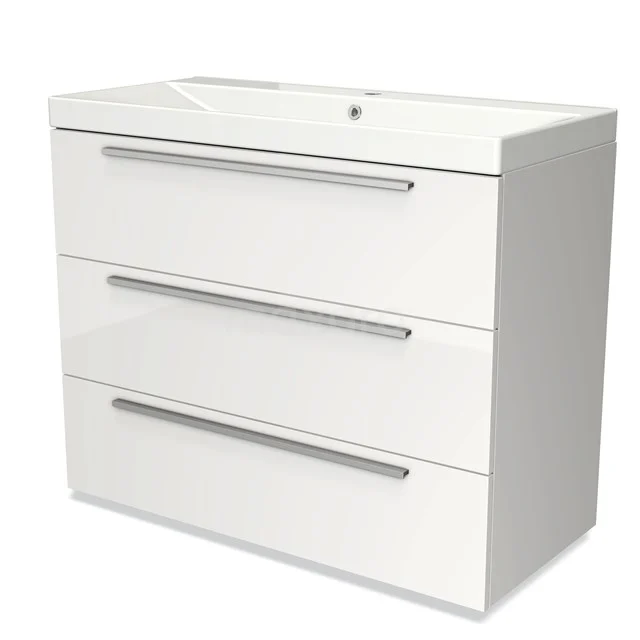 White bathroom unit with glossy finish, three drawers and integrated vanity units with basin, perfect for modern bathroom storage.