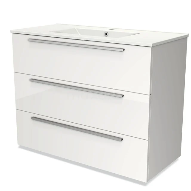 Weißes Badezimmermöbel mit drei Schubladen, schlankem Design, eingebautem Waschbecken und metallischen Haltegriffen. Perfekt für moderne Bäder.