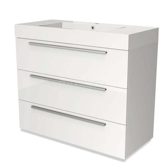 Witte badkamermeubelset met drie lades en hoogglans afwerking, ideaal voor moderne badkamers.