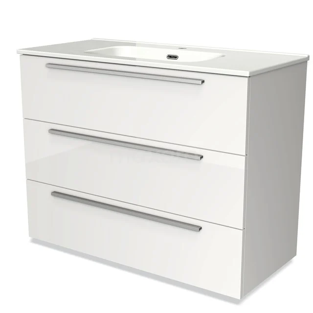 Witte badkamermeubelkast met ingebouwde wastafel, drie ruime laden en strak modern design.
