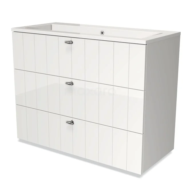 White bathroom furniture set with three drawers, wood-look panels and chrome handles, ideal for modern bathroom storage.