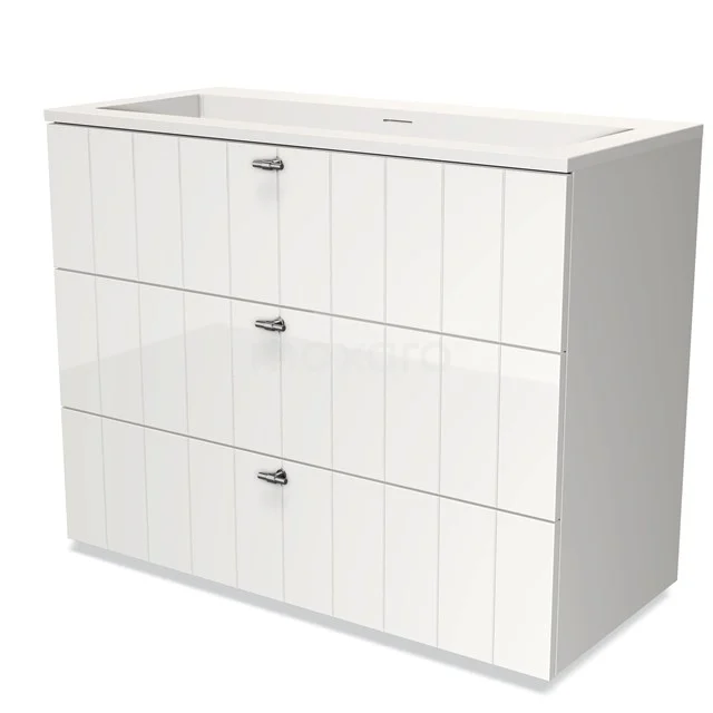 Modulo Vanity units with basin | 100 cm High-gloss white Slat front Solid surface 3 drawers BMW19-00661 White bathroom cabinet with three drawers, wood-look finish and modern handles, ideal for stylish bathroom space.