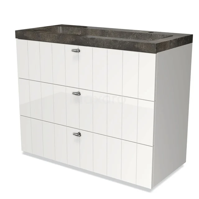 Weißes Badezimmermöbel mit drei Schubladen, dunkler Marmor Waschtischplatte und silbernen Griffen, ideal für stilvolle Badezimmerlagerung.