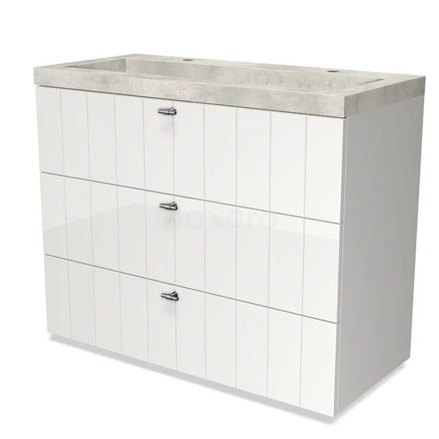 White bathroom unit with three drawers and a beige marble basin worktop, perfect for a modern bathroom design.