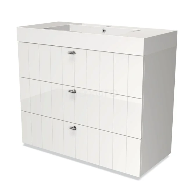 Modulo Waschtische | 100 cm Hochglanz Weiß Lamelle front Mineralguss 3 Schubladen BMW19-00671 Weißer Badschrank mit 3 Schubladen, modernes Design und glänzende Oberfläche, ideal für Badezimmerlagerung und organisiertes Sanitär.