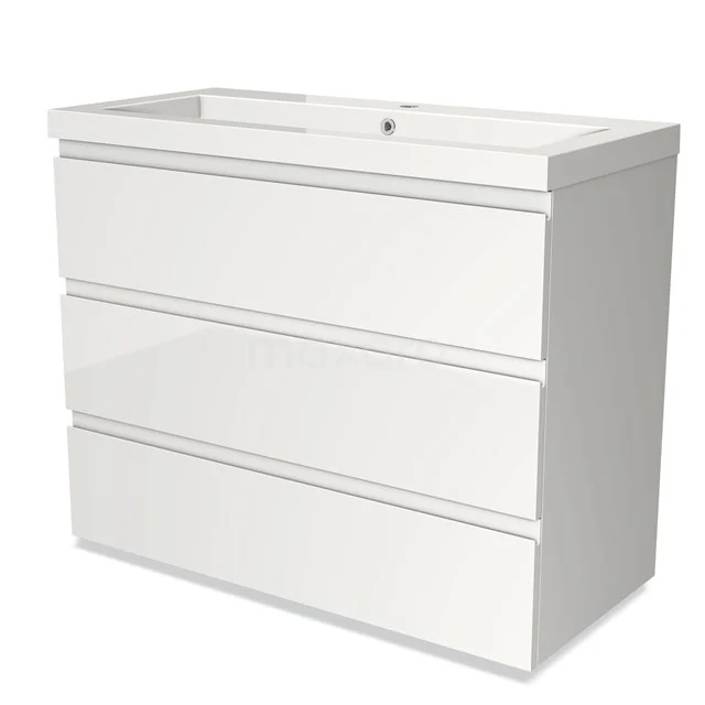 Wit badkamermeubel met drie lades, glanzende afwerking en ingebouwde wastafel, perfect voor moderne badkamerinrichting.