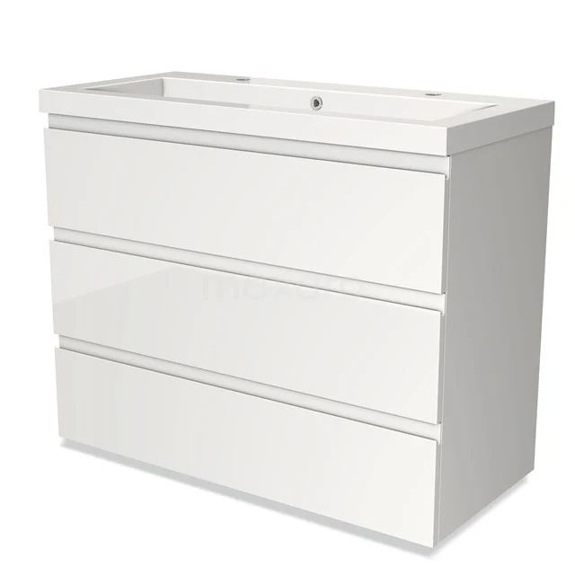 Wit badkamermeubel met drie lades en een glanzende afwerking, ideaal voor stijlvolle opbergruimte in de badkamer.