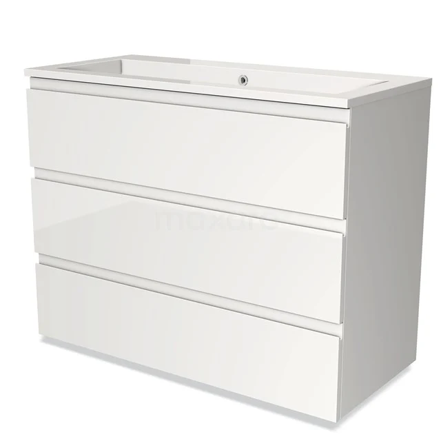 Wit badkamermeubel met drie greeploze lades, glanzende afwerking, en keramische wastafel, modern design voor opbergruimte.