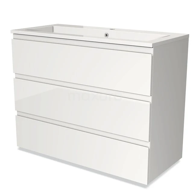 Wit badkamermeubel met drie soft-close lades, modern design en glanzende afwerking, ideaal voor stijlvolle badkameropslag.
