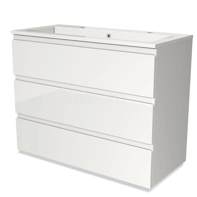 Wit badkamermeubel met drie lades, strak design en glossy afwerking, ideaal voor moderne badkamerinrichting.
