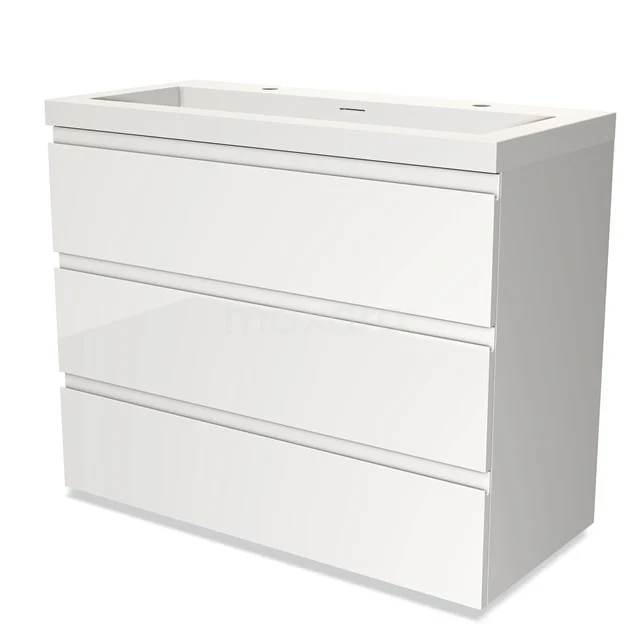 White bathroom unit with three drawers, sleek design, high-gloss finish, ideal for modern bathrooms.