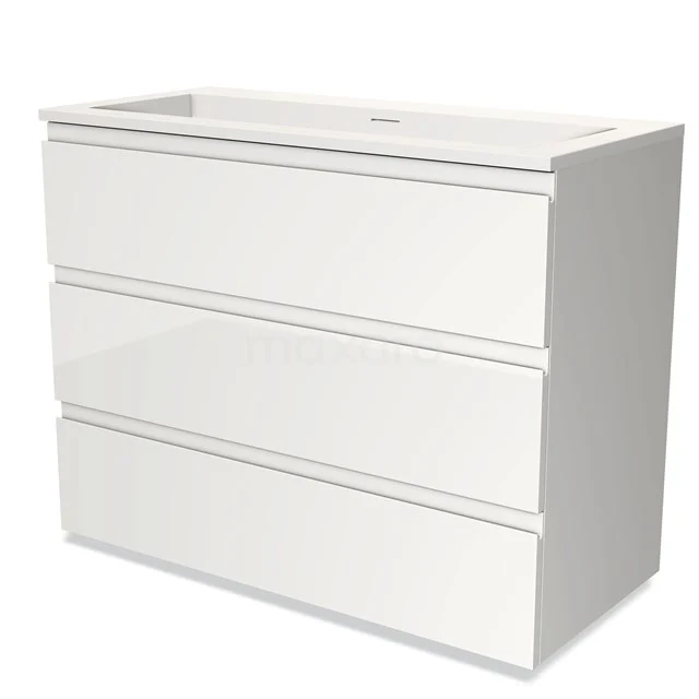 White hanging bathroom unit with 3 drawers, sleek design, glossy finish and integrated vanity units with basin.