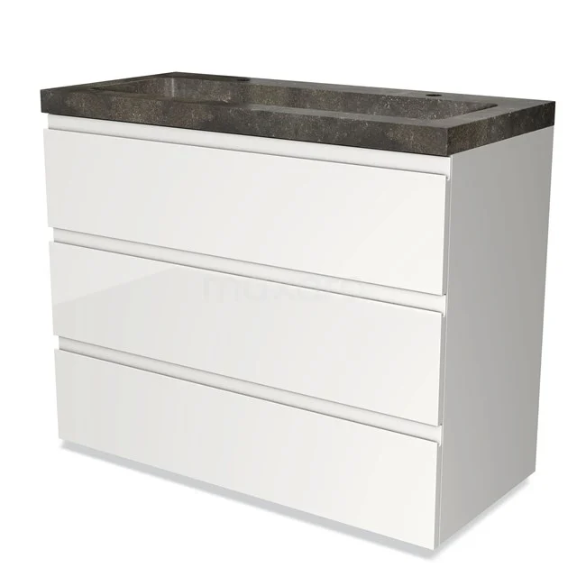 White bathroom cabinets with three drawers and a dark grey natural stone worktop, ideal for a modern bathroom design.