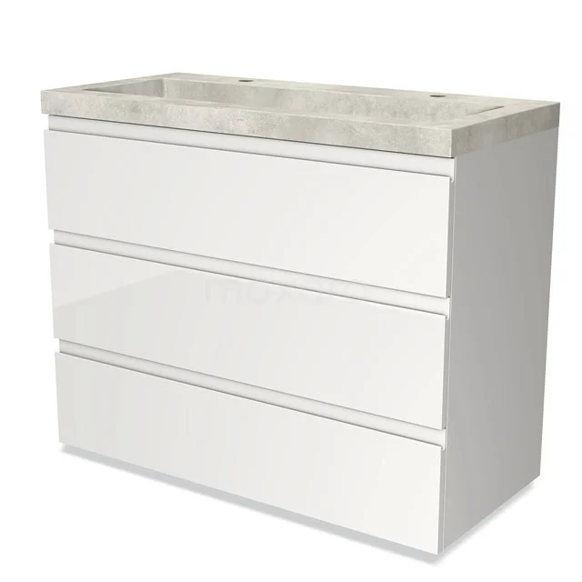Witte badkamermeubel met drie lades, betonnen wastafelblad, strak design, ideaal voor moderne badkamers.
