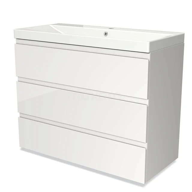 Witte badmeubelset met geïntegreerde wastafel, drie lades, modern design, ideaal voor badkameropslag.
