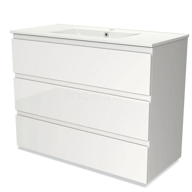Wit badkamermeubel met drie greeploze lades en keramische wastafel, strak design voor moderne badkamers.