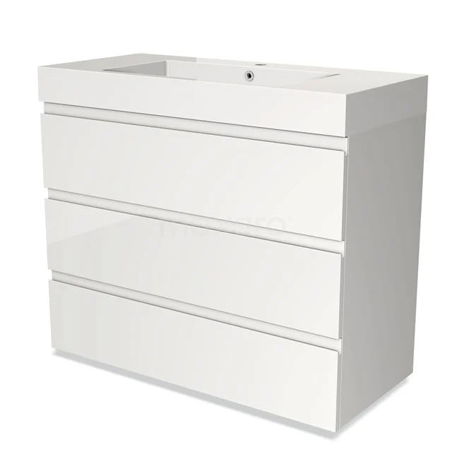 Wit badkamermeubel met glanzende afwerking, drie lades en geïntegreerde wastafel voor een moderne badkamersetup.